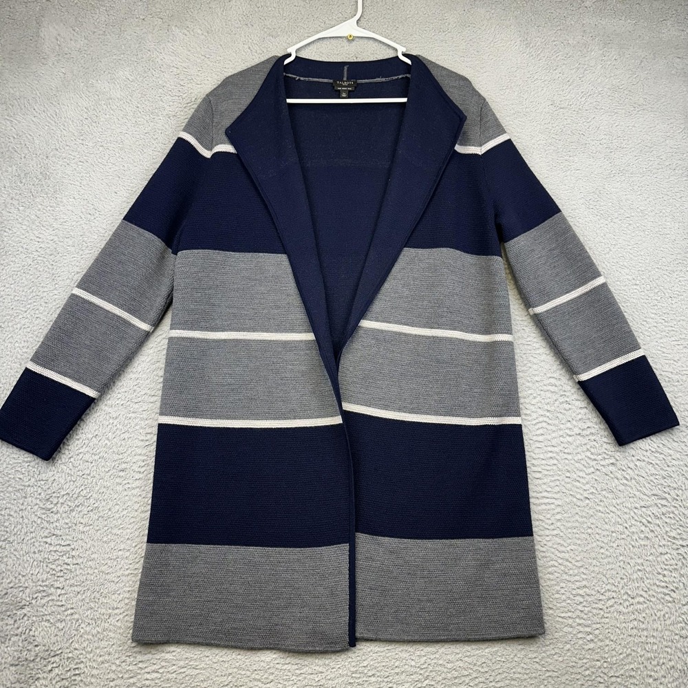 Talbots Sweater Womens Large Petite Navy Striped Open Front Cardigan Merino Wool